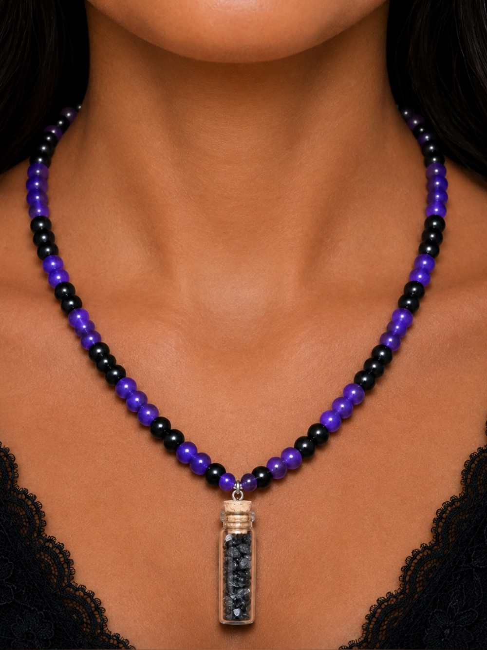 Witch’s Colors Necklace (Dark Purple Jade, Black obsidian and Black Tourmaline)